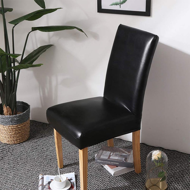FLYPARTY Stretch Solid Pu Leather Waterproof Dining Chair Cover Slipcover Removable Washable Short Dining Chair Cover Protector Seat Solid Slipcovers for Hotel,Dining Room,Wedding (Black, 4) - Image 2